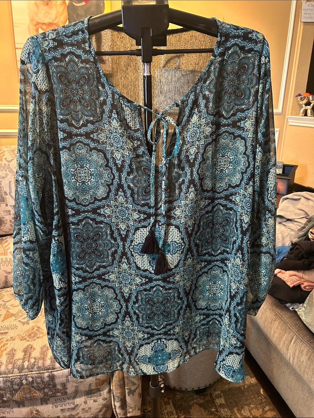 Lane Bryant Teal and Black Medallion Tie-Front Tunic